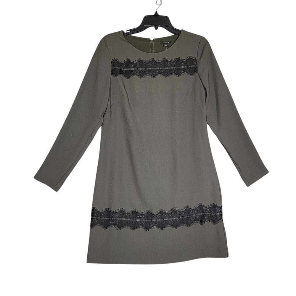 Ann Taylor Lace Trim Shift Dress Long Sleeves Size‎ 4 Gray Green